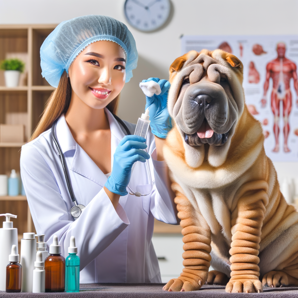 Veterinarian demonstrating best ways to clean Shar Pei wrinkles with skincare products, highlighting Shar Pei wrinkle care, hygiene, and infection prevention for optimal Shar Pei health.