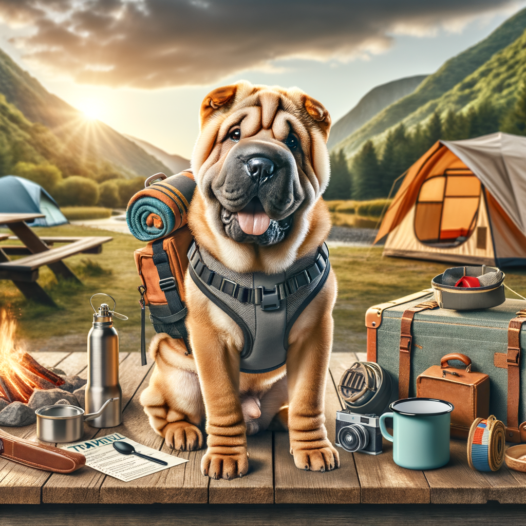 Shar Pei dog ready for camping adventure with travel harness, backpack, and checklist of travel essentials, illustrating Shar Pei travel preparation and dog-friendly camping tips.