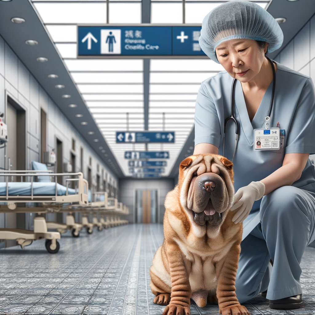 Professional dog trainer conducting a therapy dog certification program with a calm and obedient Shar Pei, illustrating the benefits of therapy dogs in hospitals and nursing homes.