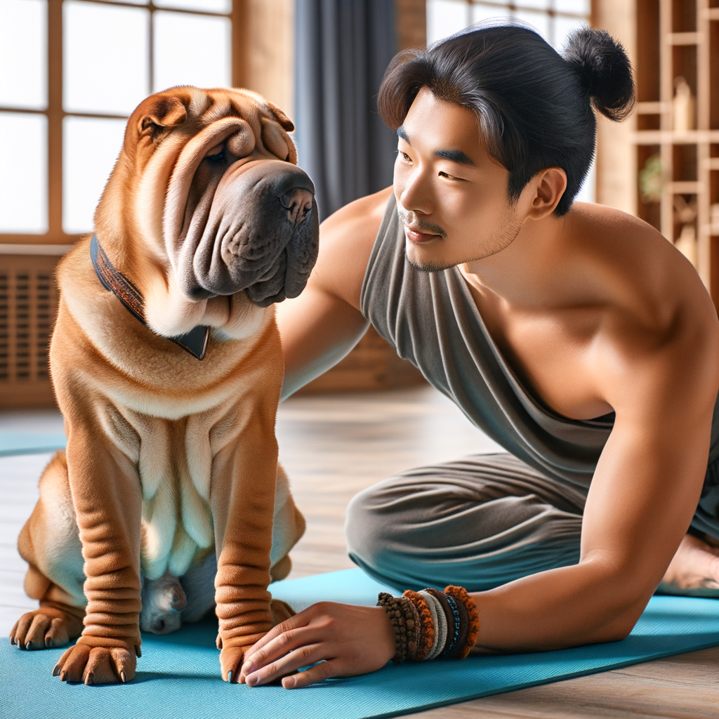 Shar Pei participating in Canine Yoga, demonstrating the benefits of Doga classes for dogs, highlighting the unique bond between Shar Peis and Doga.