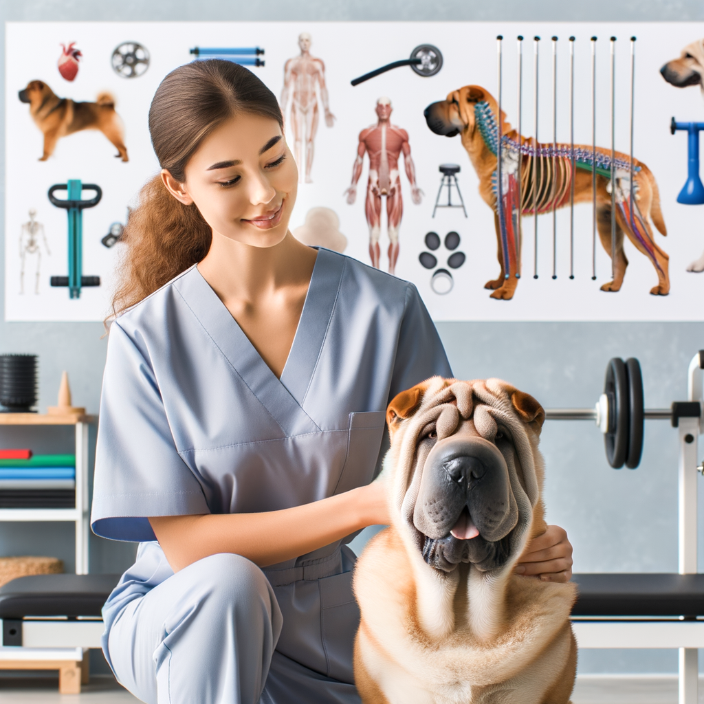 Canine physical therapist applying physical therapy techniques on a Shar Pei, demonstrating the benefits of physical therapy for Shar Peis, with tools for dog rehabilitation in the background, aimed at improving Shar Pei mobility and overall health.