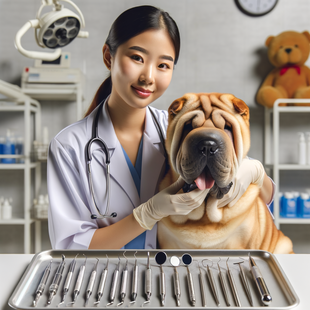 Veterinarian performing a regular dental check-up on a Shar Pei, demonstrating the importance of dental hygiene and preventive care for Shar Pei oral health and highlighting the benefits of dog dental check-ups.