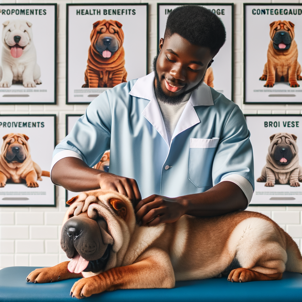 Canine massage therapist demonstrating dog massage techniques on a Shar Pei, showcasing the health benefits and improvements in Shar Peis care through therapeutic massage.
