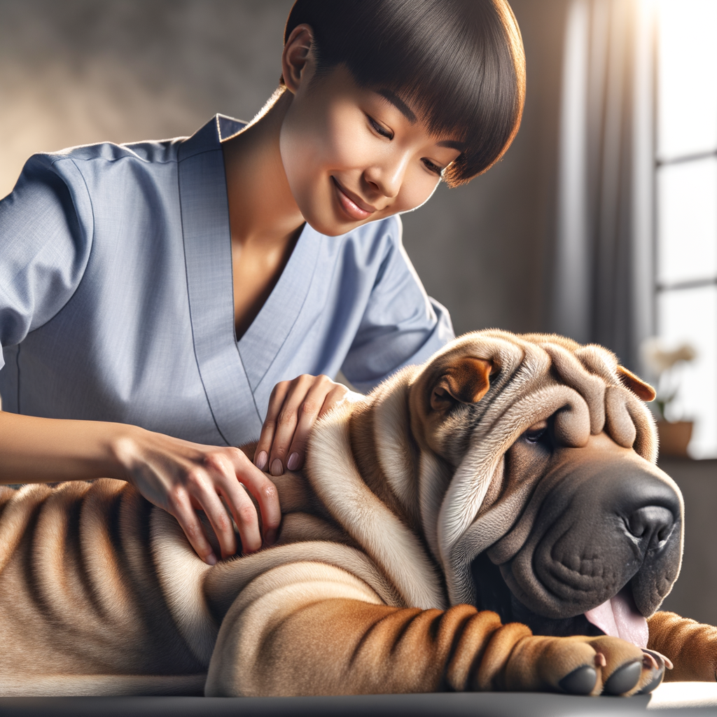 Professional canine therapist performing beneficial dog massage techniques on a relaxed Shar Pei, highlighting Shar Pei health tips and the advantages of canine physical therapy for Shar Pei care and wellness.