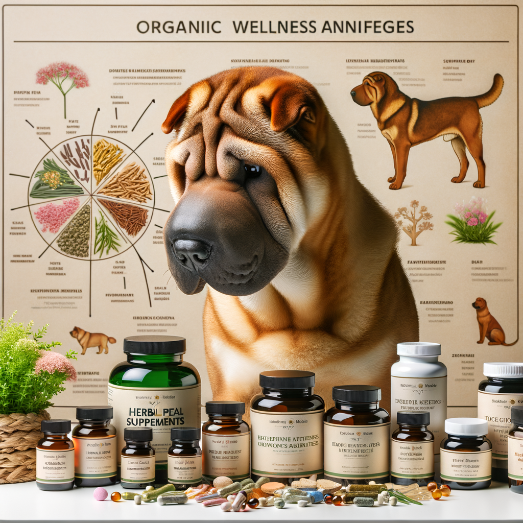 Shar Pei dog studying herbal supplements for dogs on a table, showcasing natural remedies for Shar Peis, benefits of herbal supplements for dogs, and Shar Pei nutrition for improved health.