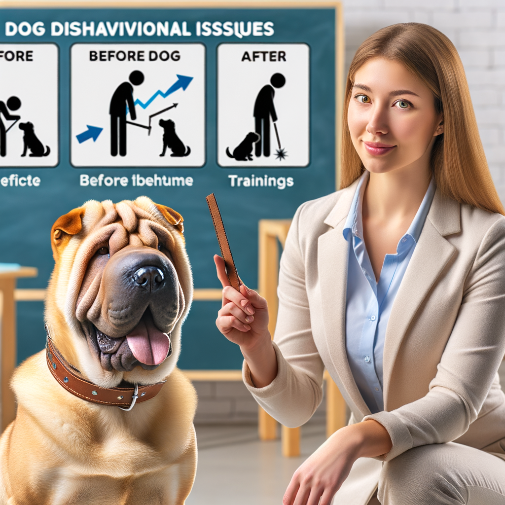 Professional dog trainer showcasing effective dog training techniques on a well-behaved Shar Pei, highlighting the benefits of Shar Pei behavioral training and addressing common Shar Pei behavior issues.