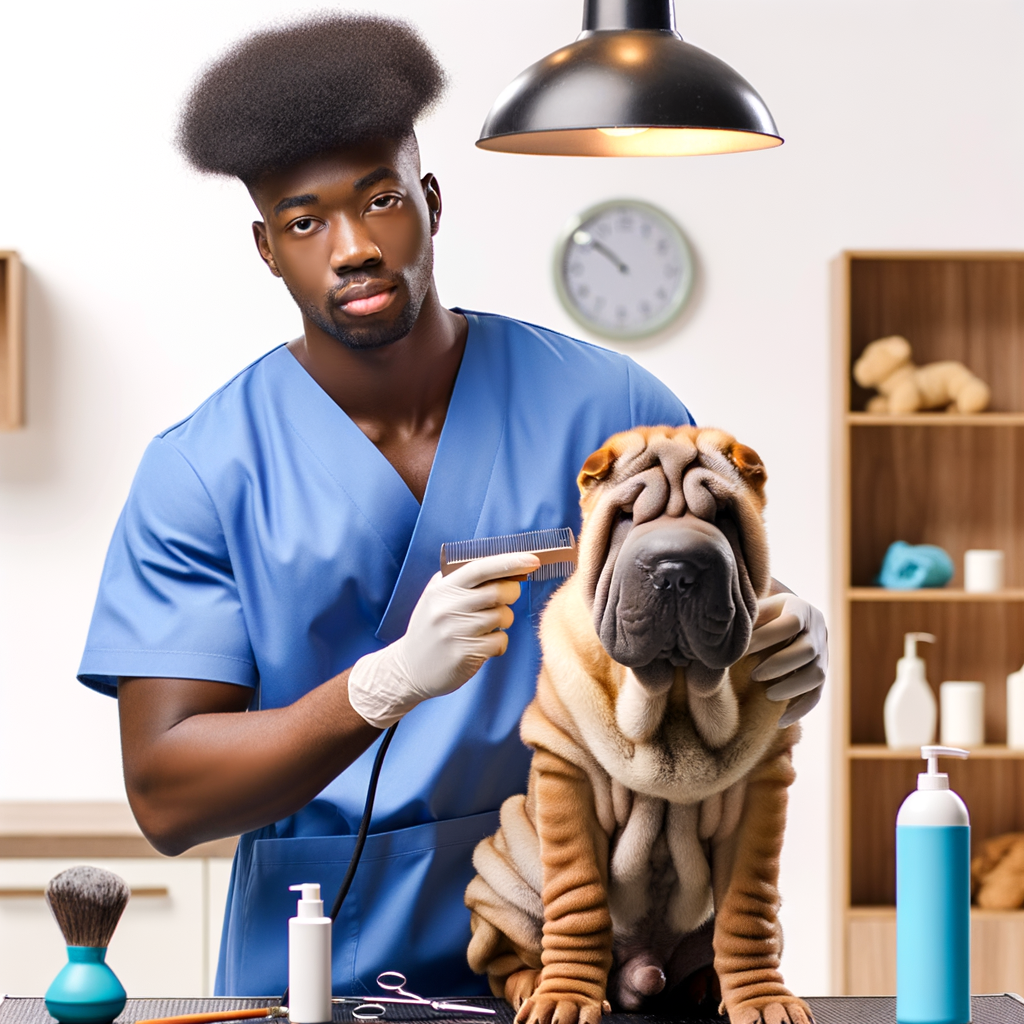 Professional dog groomer providing Shar Pei grooming services, emphasizing the benefits of dog grooming, Shar Pei skin care, and professional grooming for Shar Peis.