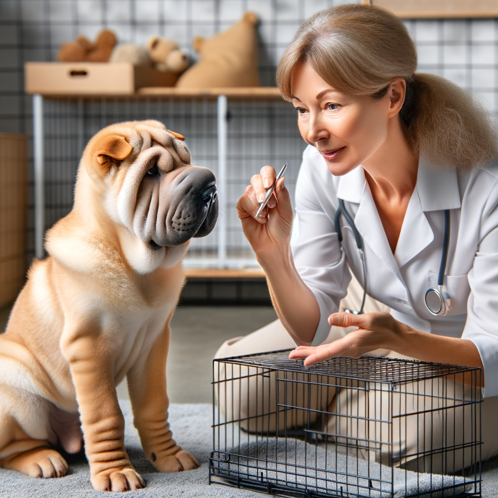 Shar Pei trainer demonstrating crate training techniques to a puppy, showcasing the benefits and advantages of crate training for Shar Peis, providing Shar Pei training tips and behavior modification guidance.