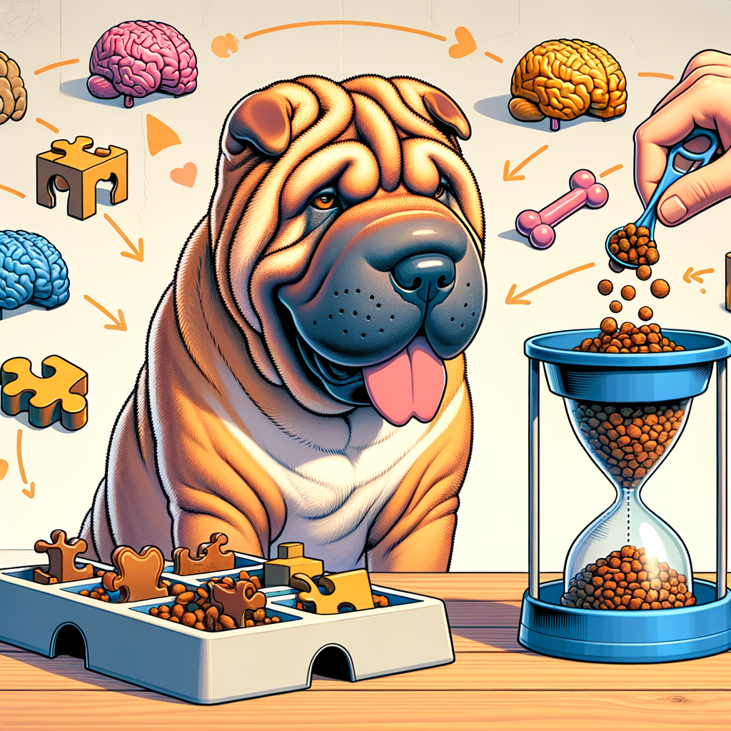 Shar Pei dog engaging with a puzzle feeder filled with nutritious dog food, showcasing the benefits of puzzle feeders for mental stimulation, innovative Shar Pei feeding methods, and improved mealtime.