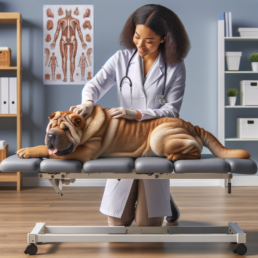 Canine chiropractor performing chiropractic treatment on a relaxed Shar Pei, highlighting the benefits of canine chiropractic therapy for Shar Pei health and care.