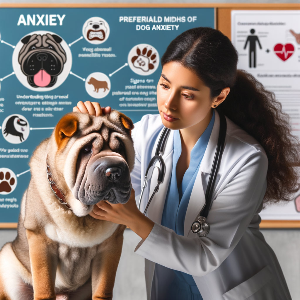 Veterinarian examining Shar Pei displaying anxiety symptoms, with visual aids for understanding Shar Pei behavior, managing dog anxiety, and highlighting canine anxiety treatment methods for Shar Pei mental health issues.